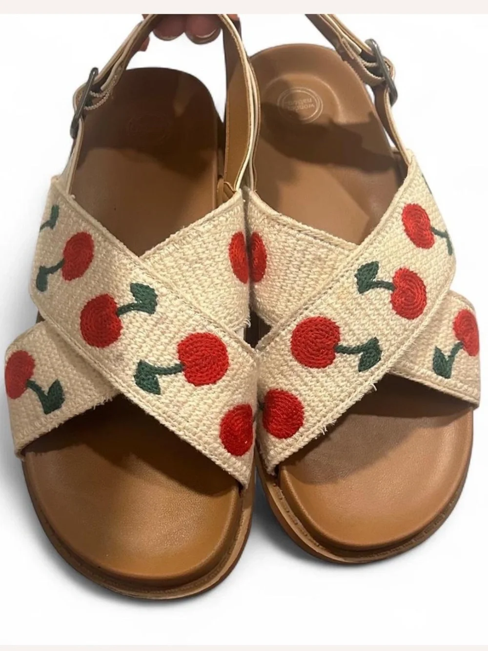 Cream Cherry Print Embroidered CrossStrap Sandals Y2K Cottagecore Girls Size 3 🍒